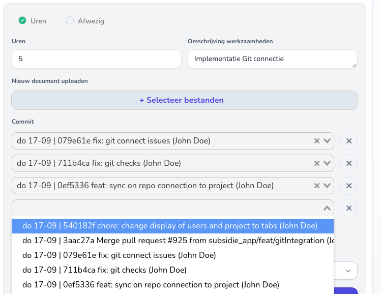 Urenadministratie met gekoppelde Git-commits in Subsidie.app